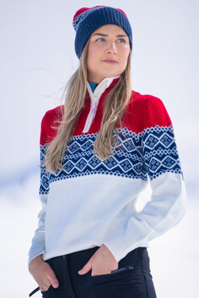 Hardanger Half Zip ullgenser White|Red|Blue Dame - 1