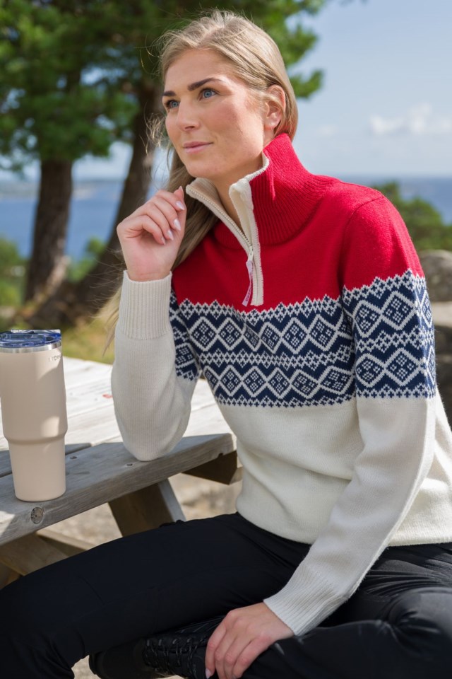 Hardanger Half Zip ullgenser Tango Red / Dress Blues / White - 1