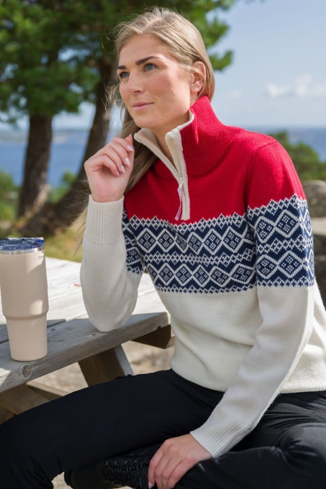 Hardanger Half Zip ullgenser White|Red|Blue Dame - 1