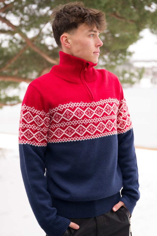 Hardanger Half Zip ullgenser Tango Red / Dress Blues - 1