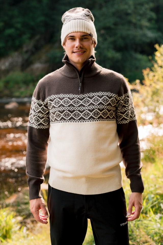 Hardanger Half Zip ullgenser White|Brown Herre - 1