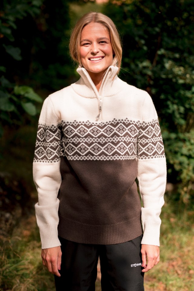 Hardanger Half Zip ullgenser White|Brown Dame - 1