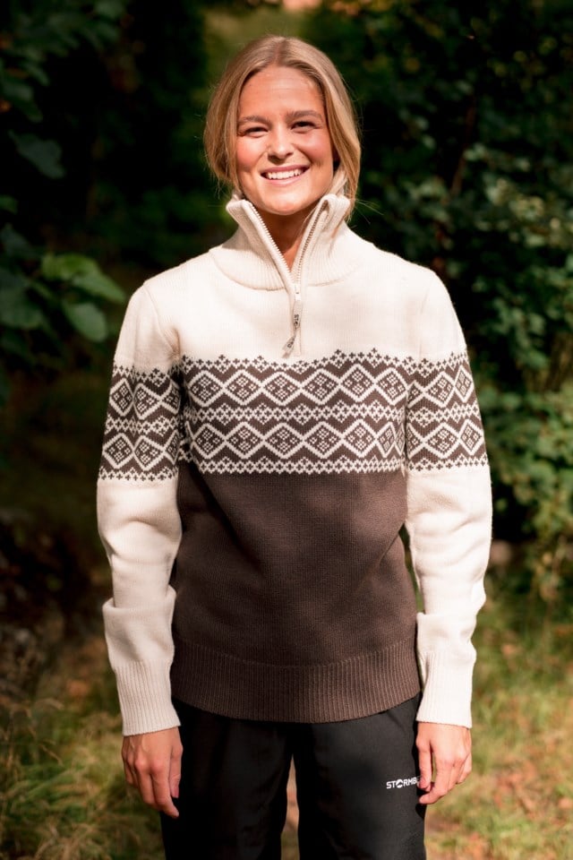 Hardanger Half Zip ullgenser White|Brown Dame - 1
