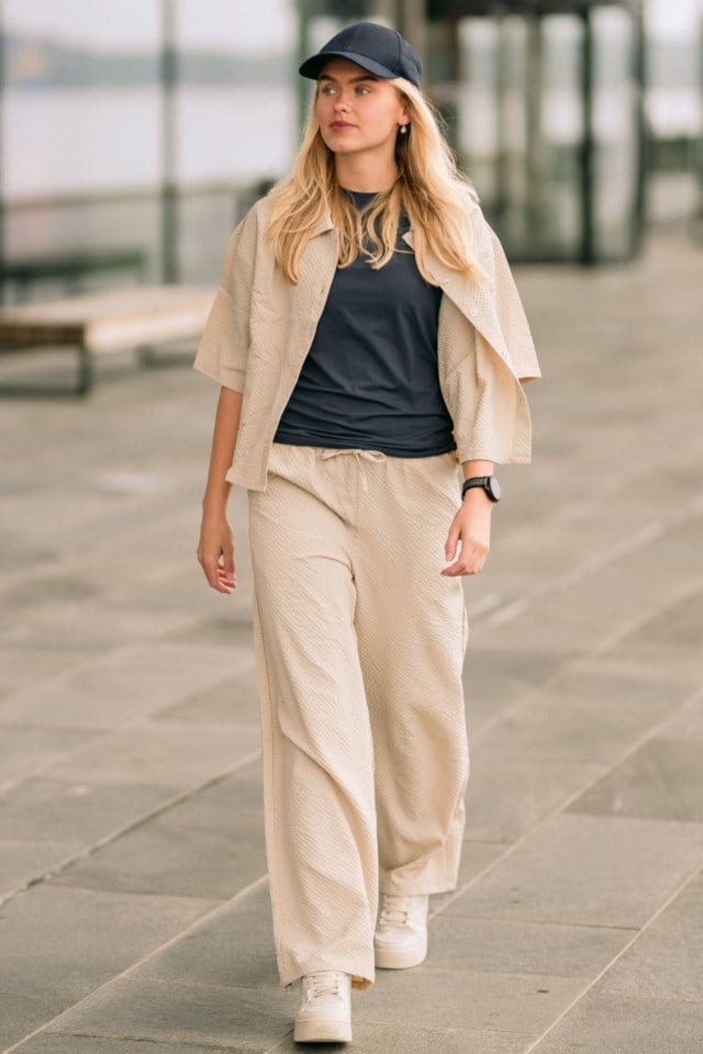 Klepp bukse i krepp Beige Dame - 1